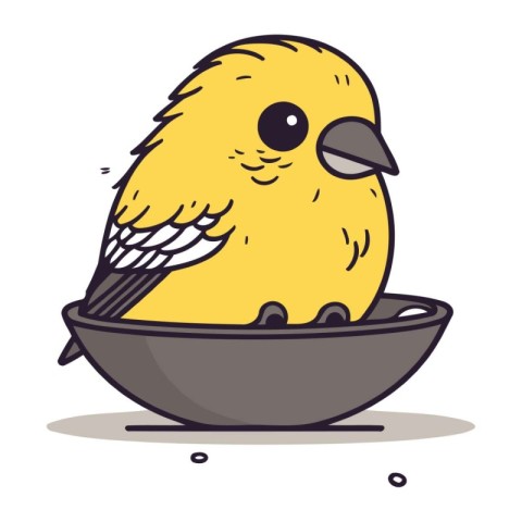 Cute yellow little bird sitting in a bowl. Vector illustration.