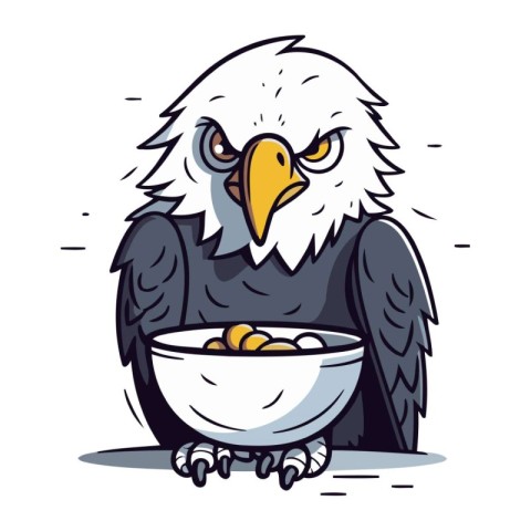 Cartoon bald eagle holding a bowl full of food. Vector illustrat