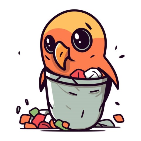 Cute little bird in a bucket of garbage. Vector illustration.