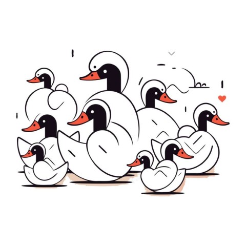 Vector illustration of a flock of white ducks with hearts on a w