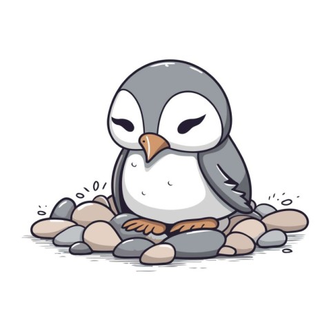 Cute penguin sitting on pebbles. Vector illustration.