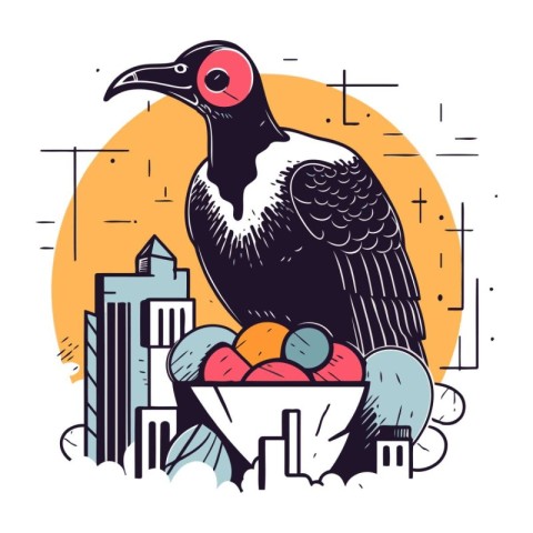 Vector illustration of a raven with a bunch of fruits in the cit