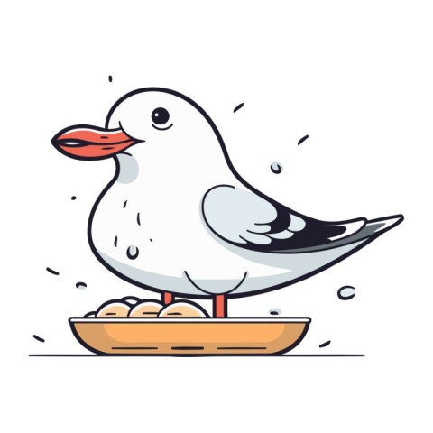 Vector illustration of a seagull eating food from a bowl.