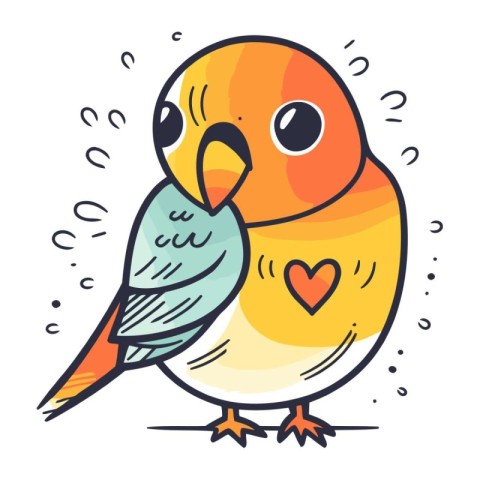 Cute parrot with heart. Vector illustration in doodle style.