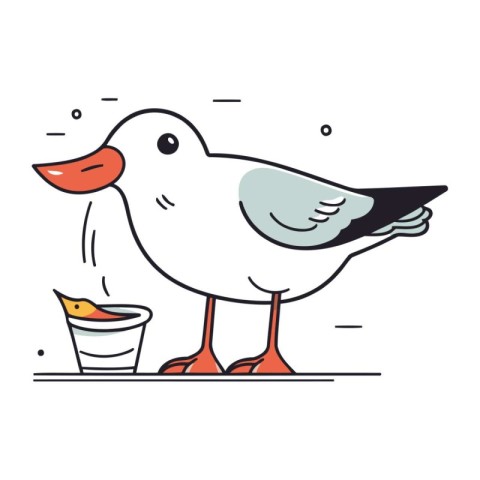 Seagull eating food. Vector illustration in thin line style.