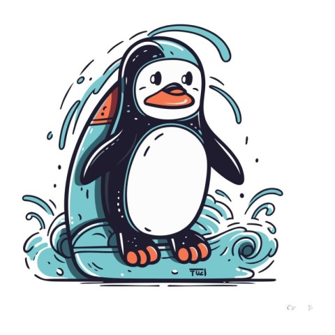 Cute penguin on ice floe. hand drawn vector illustration