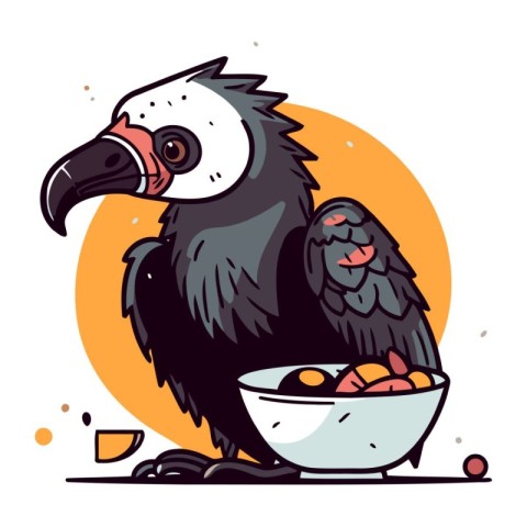 Vector illustration of a vulture eating boiled eggs in a bowl.