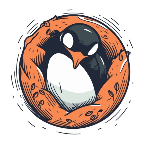 Penguin in a nest. Vector illustration in cartoon style.