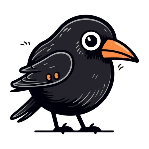 Cute cartoon black crow isolated on white background. Vector ill