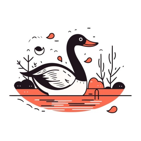 Vector illustration of a goose on the lake. Hand drawn sketch fo