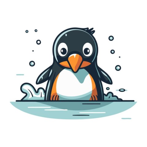 Cute penguin swimming in the sea. Vector illustration isolated o