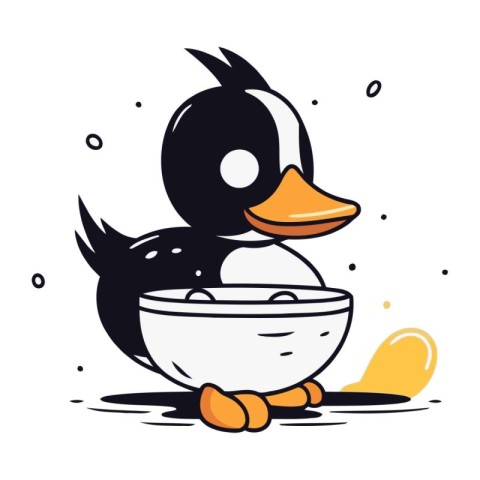 Cute cartoon duck with a bowl of baby food. Vector illustration.