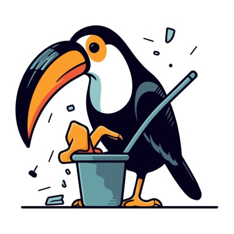 Toucan with a bucket of water. Cartoon vector illustration.