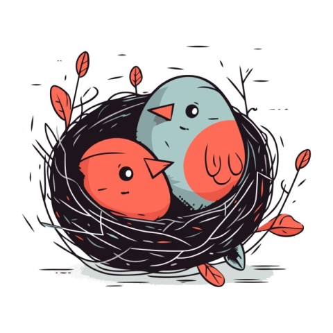 Cute birds in the nest. Hand drawn vector illustration in cartoo