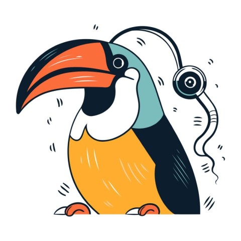 Toucan with headphones. Vector illustration in doodle style.