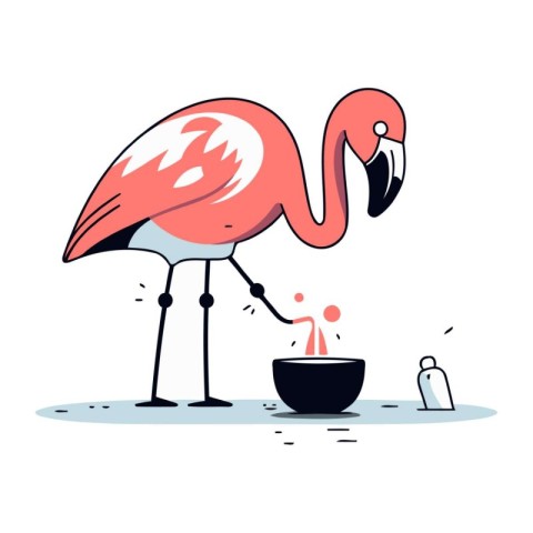 Flamingo drinking water from a bowl. Vector illustration in cart