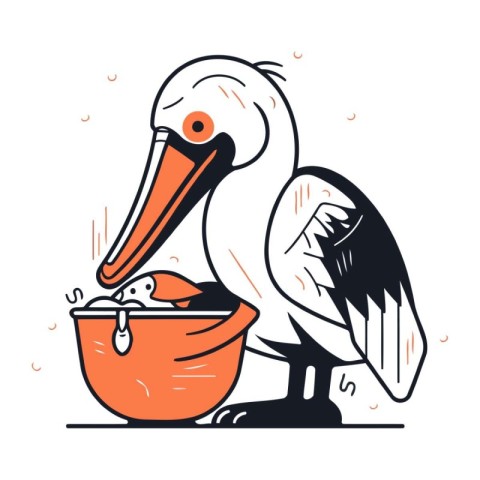 Pelican with a bowl of food. Vector illustration in cartoon styl