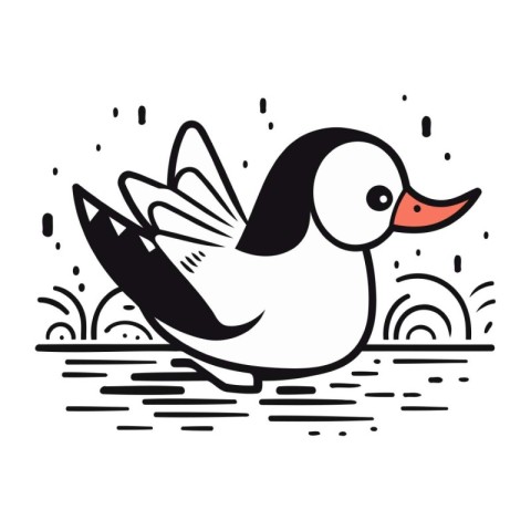 Vector black and white illustration of a flying duck on a white