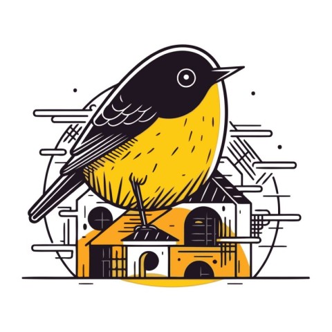 Vector illustration of a bird sitting on the roof of a house.