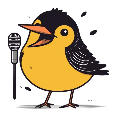 Cute little bird singing into microphone. Hand drawn vector illu