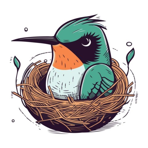 Cute bird sitting in the nest. Vector illustration for your desi