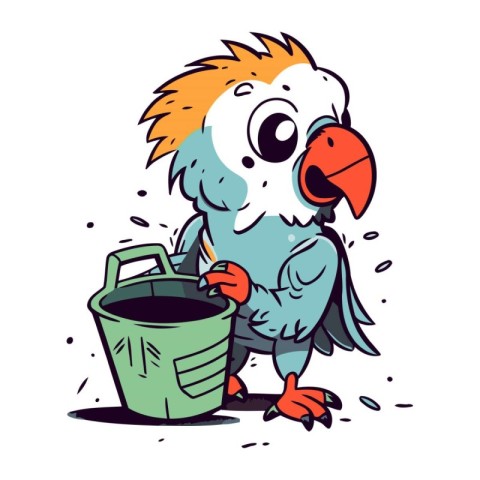 Cartoon parrot with bucket and paint brush. Vector illustration.