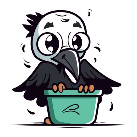 Cute cartoon crow sitting in a flowerpot. Vector illustration.