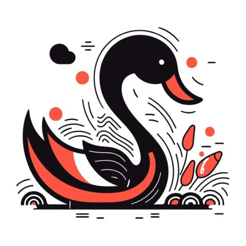 Swan. Vector illustration in flat linear style. Black swan on wh