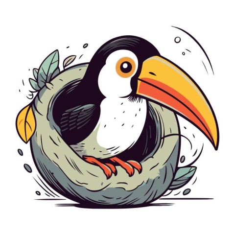 Cute toucan bird in a nest. Cartoon vector illustration.