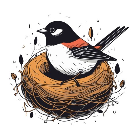 Bullfinch in nest. Hand drawn vector illustration on white backg