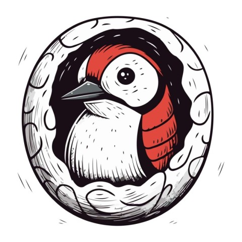 Hand drawn vector illustration of a woodpecker in a nest.