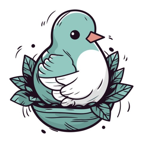 Vector illustration of a cute bird sitting in a nest with leaves