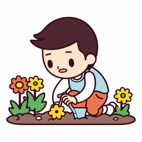 Boy planting flowers in the garden. Cute cartoon character.