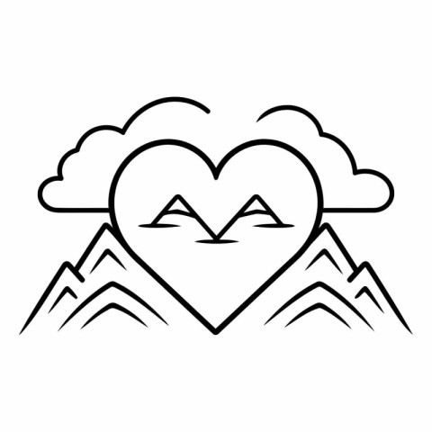 heart with mountains and clouds icon over white background. line