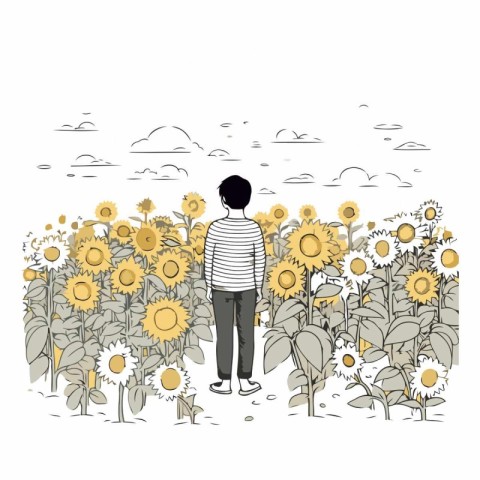 Young man standing in sunflower field. Hand drawn vector illustr