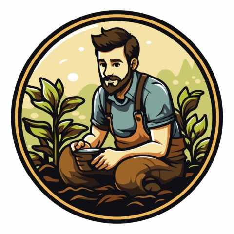 Illustration of a farmer working in the garden looking to the si