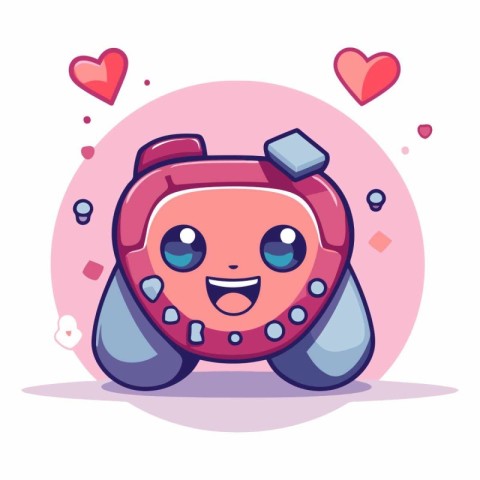 Cute cartoon pink alarm clock character with hearts.