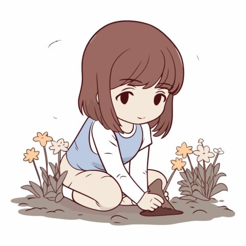 Illustration of a Cute Little Girl Planting Flowers in the Garde