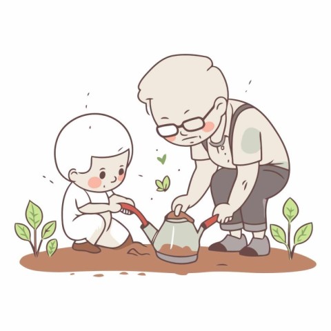 Grandfather and grandson watering the plants with a watering can