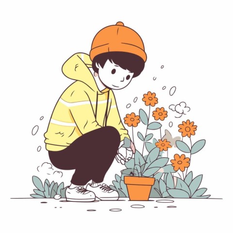 Boy planting flowers in the garden. Cute cartoon vector illustra