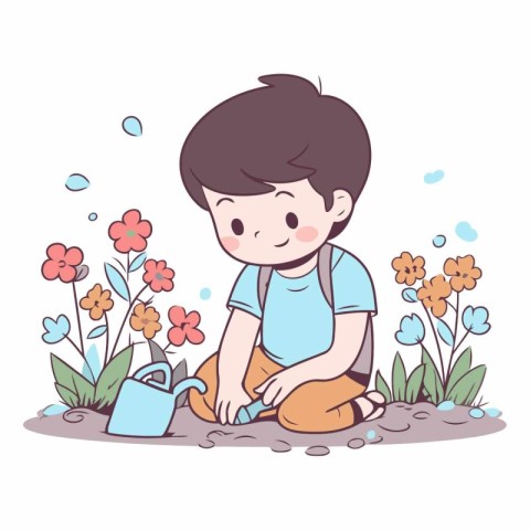 Cute little boy watering flowers in the garden.