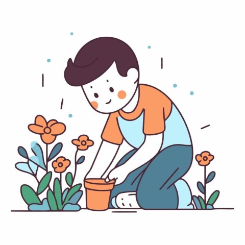 Gardening concept. Young man planting flowers in pots. Flat vect