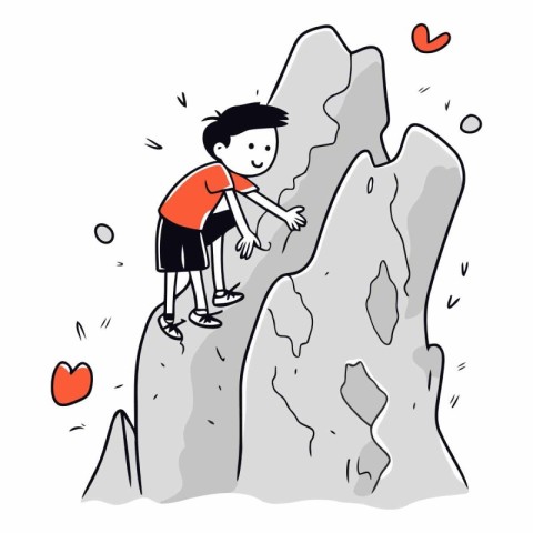 Boy climbing on the rock. hand drawn vector illustration in cart