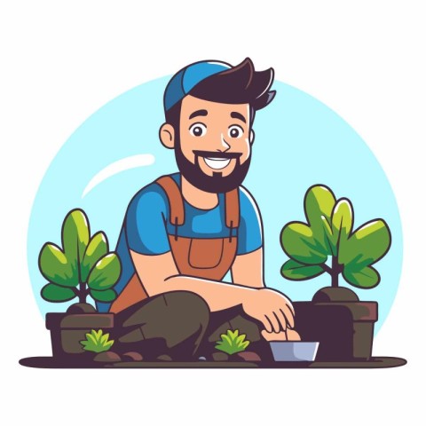 Gardener man planting flowers in pots. Flat vector illustration.