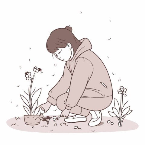 Illustration of a Girl Planting a Flower in the Garden.