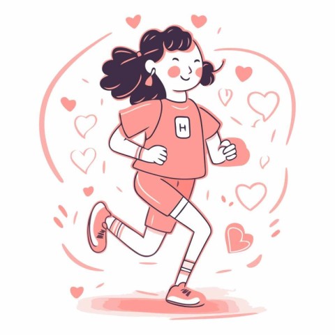 Running girl of a cute little girl in a pink t-shirt and shorts.