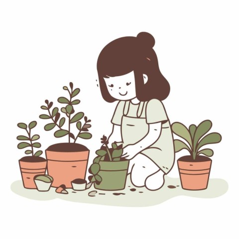 Girl planting houseplants in flat cartoon style.