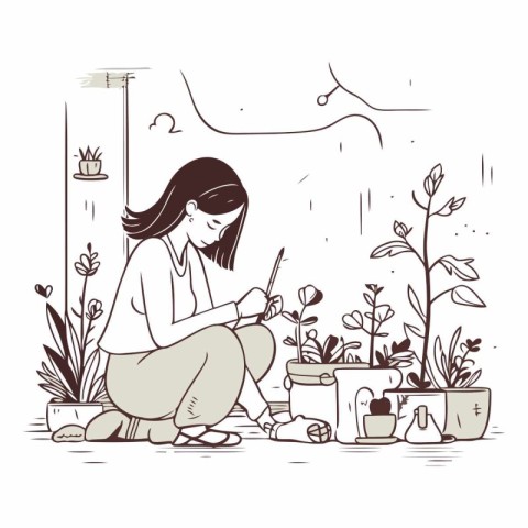 Woman planting flowers at home. Hand drawn vector illustration i