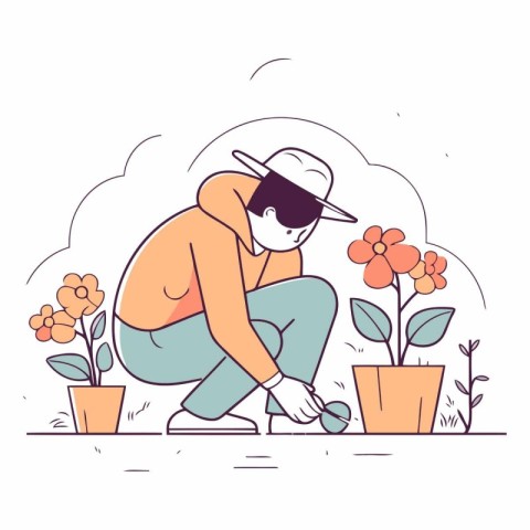 Gardener planting flowers in the garden. Flat vector illustratio