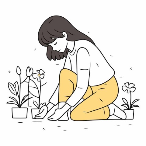 Woman planting flowers in the garden in doodle style.